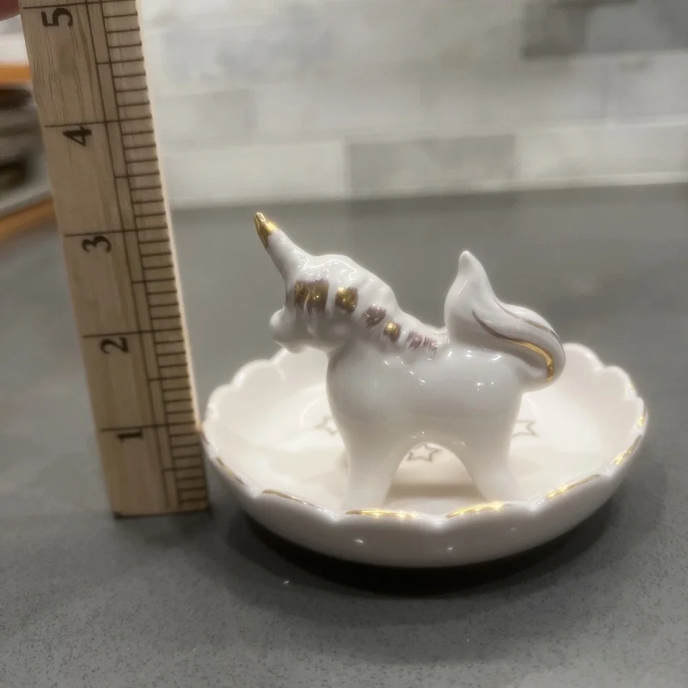 Unicorn Gold Accent White Ceramic Porcelain Trinket Ring Jewelry Dish Glossy